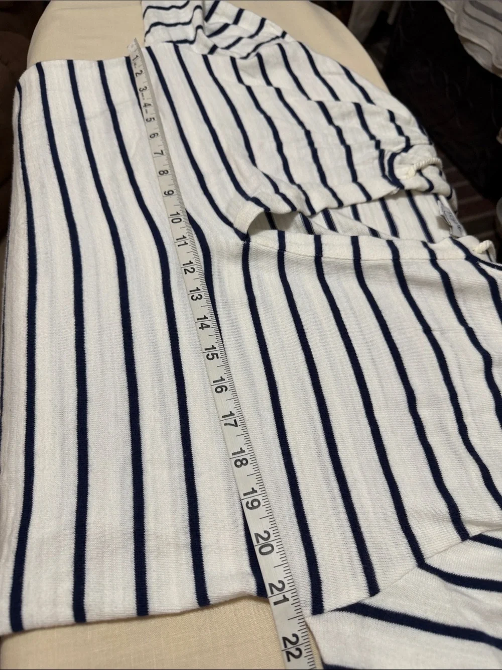 J. Crew White and Navy Striped V-Neck Beach Hoodie Pullover Top, Size Medium.